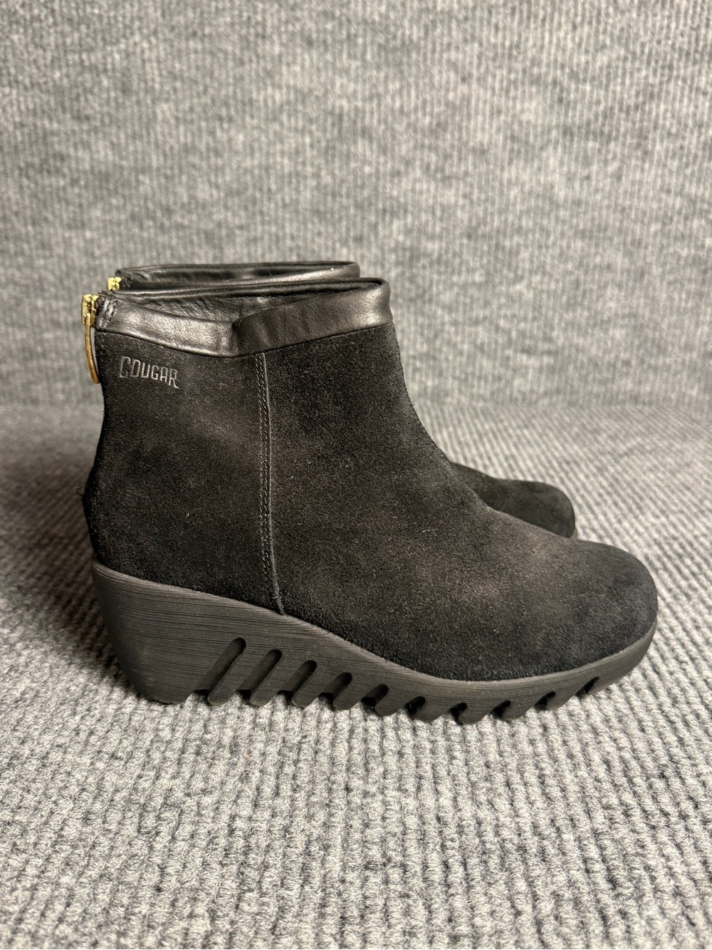 Cougar Black Suede Wedge Ankle Boots with Gold Zip Women’s Size 7